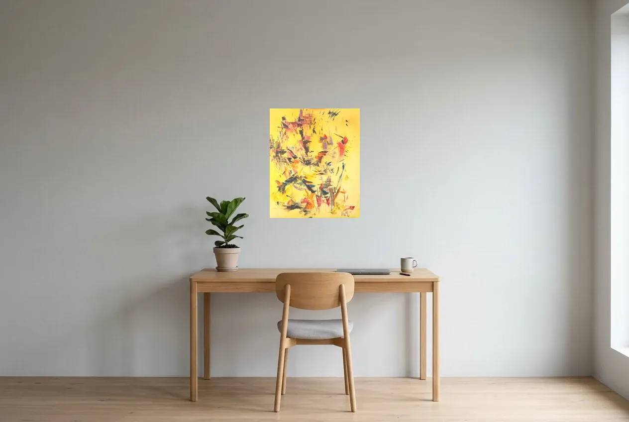Yellow Abstract Painting 9 “Masque Africain”, original oil painting by Régine Gardan, 50 × 61 cm, hung in a home office