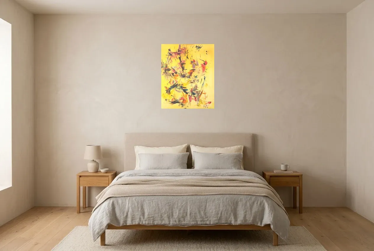 Yellow Abstract Painting 9 “Masque Africain”, original oil painting by Régine Gardan, 50 × 61 cm, hung in a bedroom