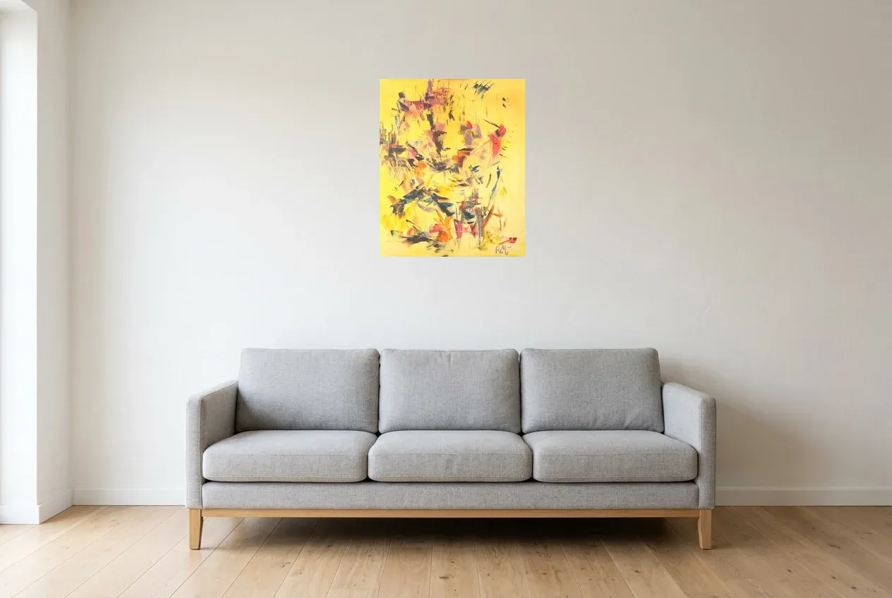 Yellow Abstract Painting 9 “Masque Africain”, original oil painting by Régine Gardan, 50 × 61 cm, hung in a living room