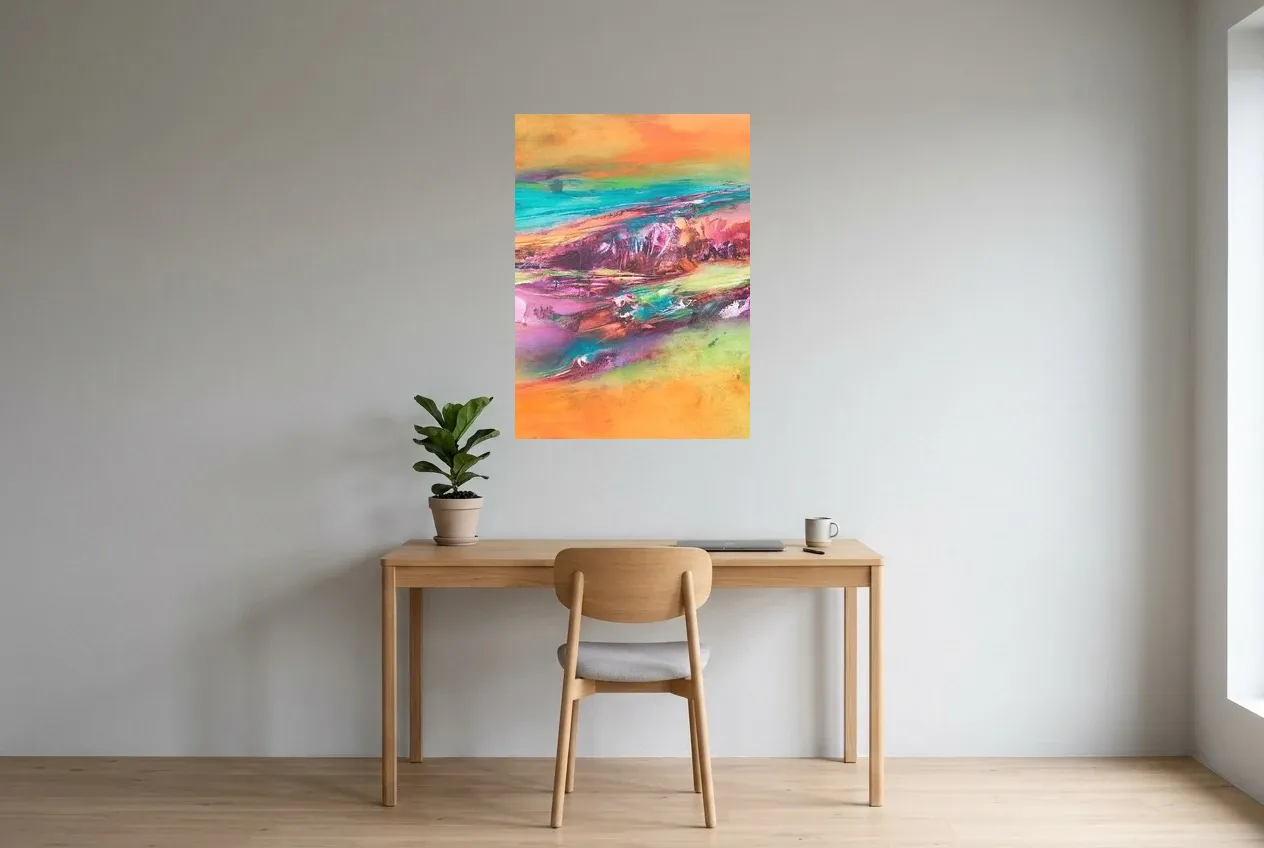 Multicoloured Abstract Painting 116 “Montagne Des 7 Couleurs”, original oil painting by Régine Gardan, 65 × 90 cm, hung in a home office