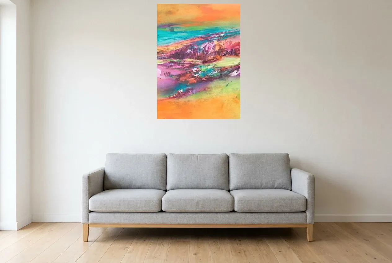 Multicoloured Abstract Painting 116 “Montagne Des 7 Couleurs”, original oil painting by Régine Gardan, 65 × 90 cm, hung in a living room