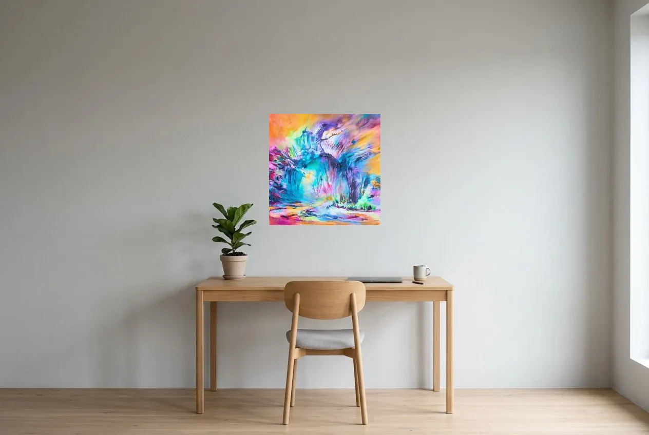 Multicoloured Abstract Painting 131 “Big Bang”, original oil painting by Régine Gardan, 60 × 60 cm, hung in a home office