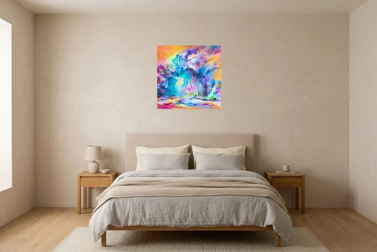 Multicoloured Abstract Painting 131 “Big Bang”, original oil painting by Régine Gardan, 60 × 60 cm, hung in a bedroom