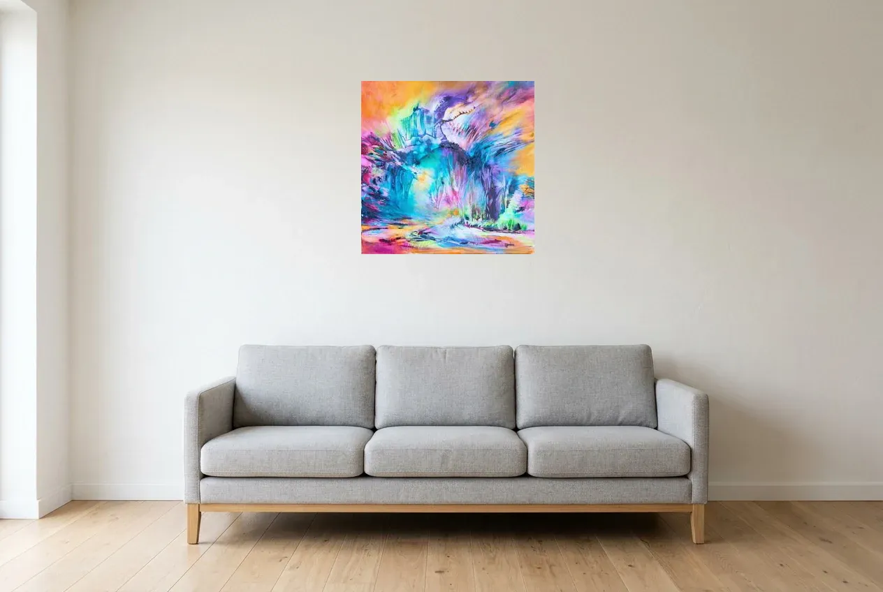 Multicoloured Abstract Painting 131 “Big Bang”, original oil painting by Régine Gardan, 60 × 60 cm, hung in a living room