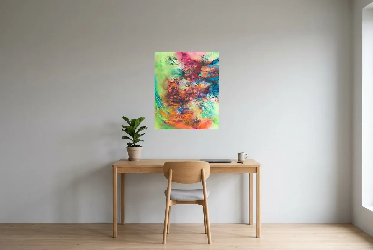 Arte Abstracto Multicolor 165 “Illusion”, pintura original al óleo de Régine Gardan, 60 × 73 cm, colgado en un despacho