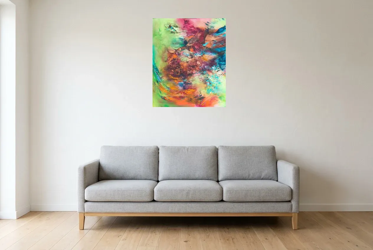 Arte Abstracto Multicolor 165 “Illusion”, pintura original al óleo de Régine Gardan, 60 × 73 cm, colgado en un salón