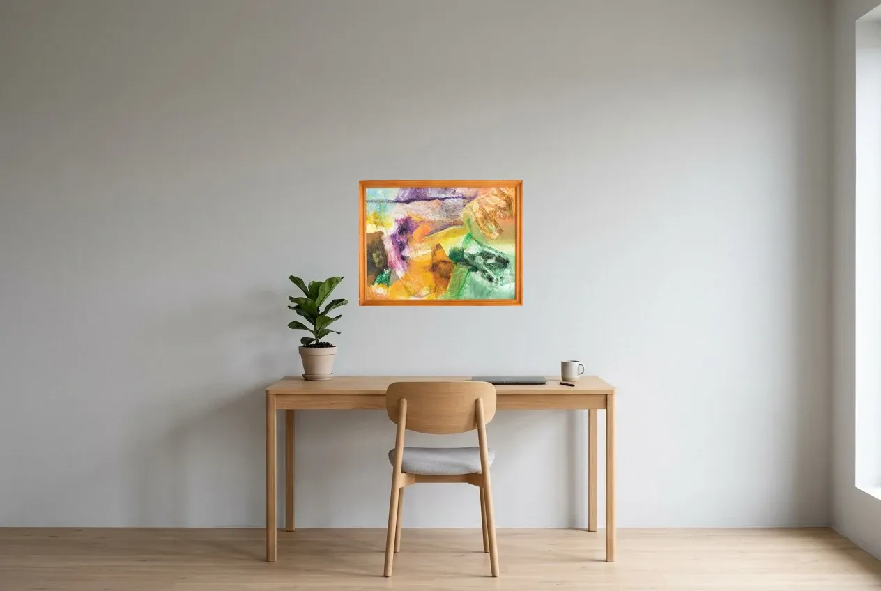 Pintura Abstracta Multicolor 176 “Dimensions”, pintura original al óleo de Régine Gardan, 65 × 50 cm, colgado en un despacho