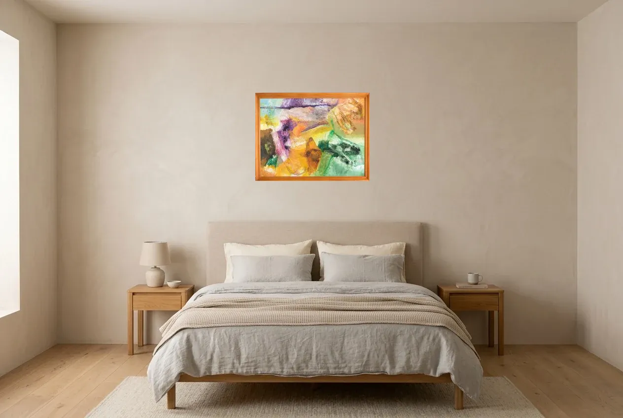 Pintura Abstracta Multicolor 176 “Dimensions”, pintura original al óleo de Régine Gardan, 65 × 50 cm, colgado en un dormitorio
