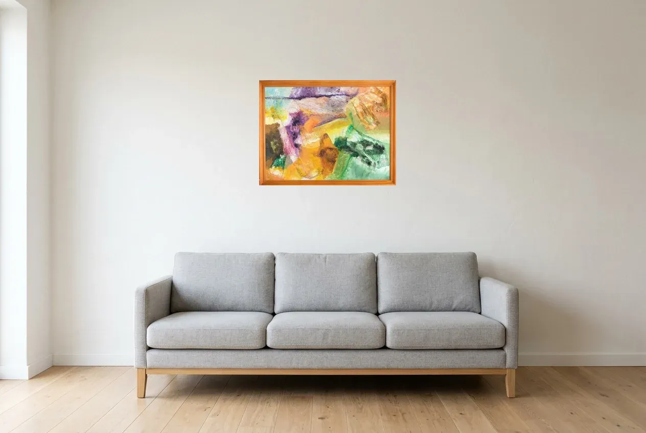 Pintura Abstracta Multicolor 176 “Dimensions”, pintura original al óleo de Régine Gardan, 65 × 50 cm, colgado en un salón