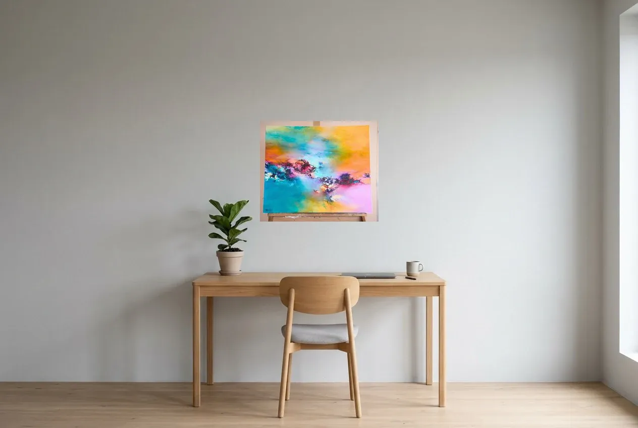 Multicoloured Abstract Painting 198 “Grande Barrière De Corail”, original oil painting by Régine Gardan, 65 × 55 cm, hung in a home office