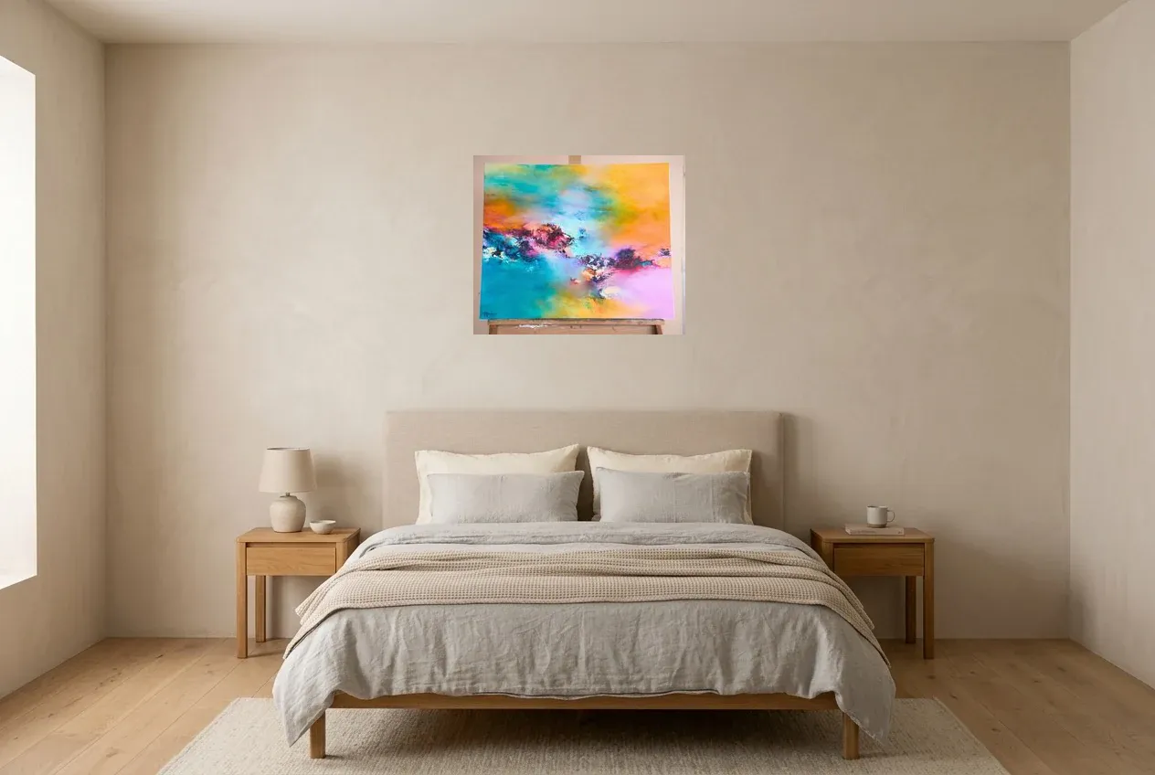 Multicoloured Abstract Painting 198 “Grande Barrière De Corail”, original oil painting by Régine Gardan, 65 × 55 cm, hung in a bedroom