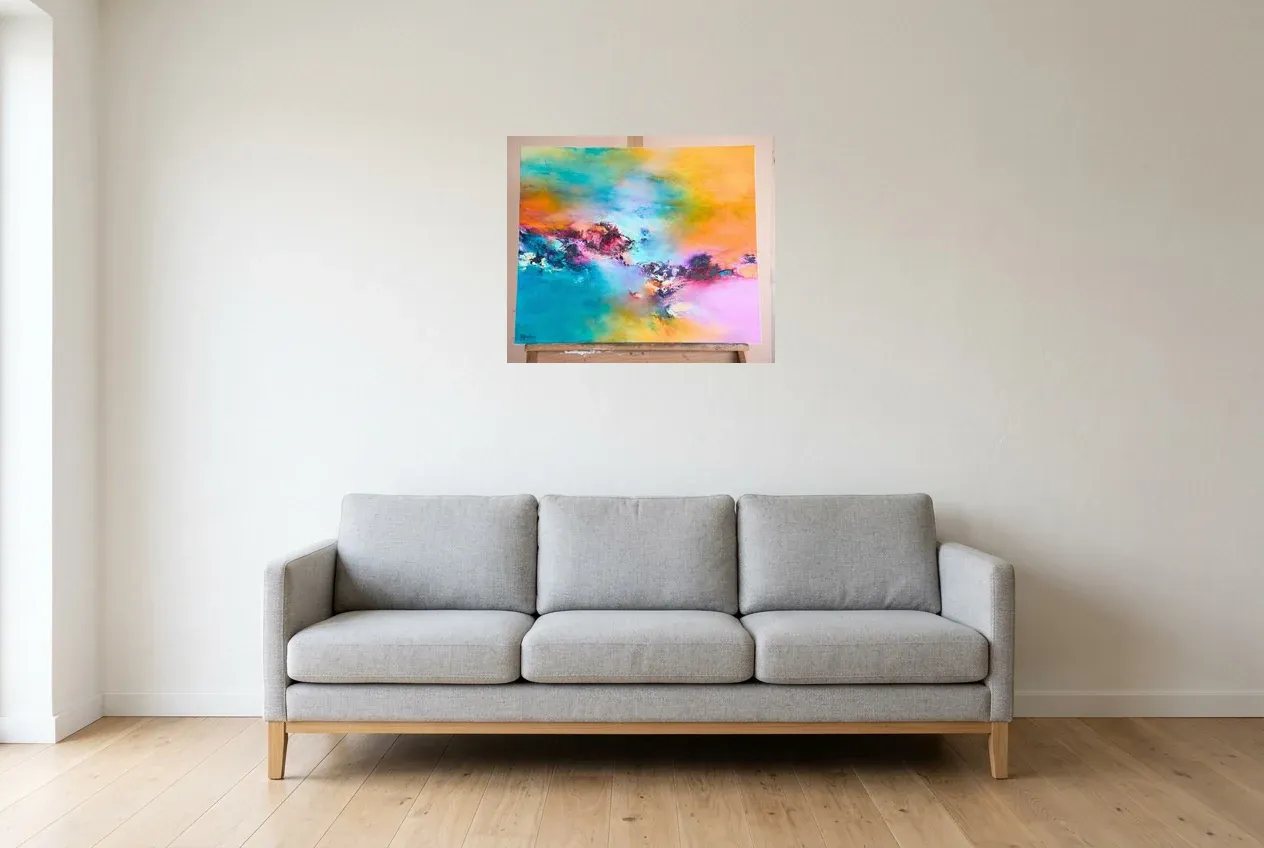 Multicoloured Abstract Painting 198 “Grande Barrière De Corail”, original oil painting by Régine Gardan, 65 × 55 cm, hung in a living room