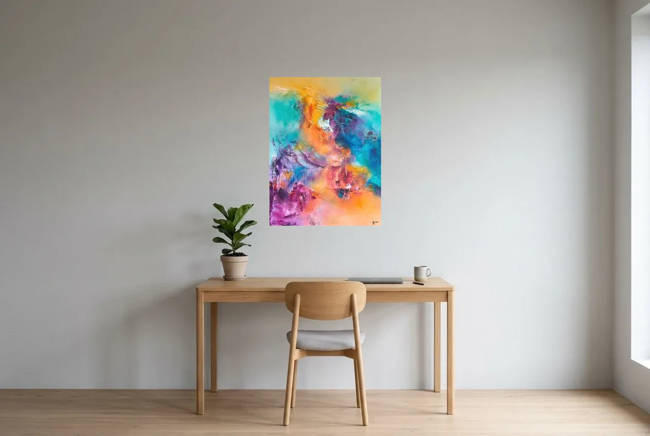 Pintura Abstracta Multicolor 221 “Nirvana”, pintura original al óleo de Régine Gardan, 60 × 80 cm, colgado en un despacho