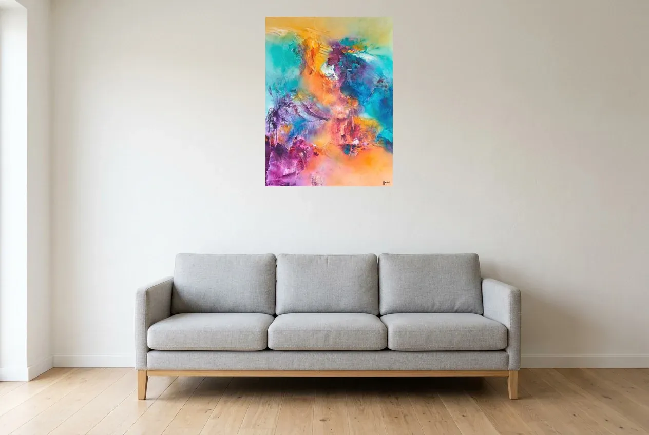 Pintura Abstracta Multicolor 221 “Nirvana”, pintura original al óleo de Régine Gardan, 60 × 80 cm, colgado en un salón