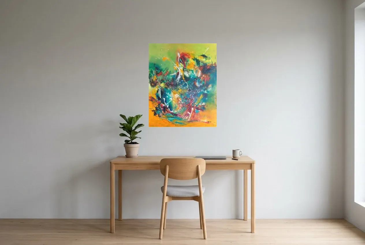 Multicoloured Abstract Painting 222 “Feu d’Artifice”, original oil painting by Régine Gardan, 65 × 80 cm, hung in a home office