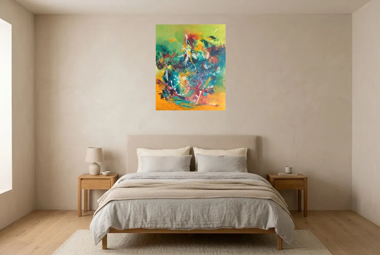 Multicoloured Abstract Painting 222 “Feu d’Artifice”, original oil painting by Régine Gardan, 65 × 80 cm, hung in a bedroom