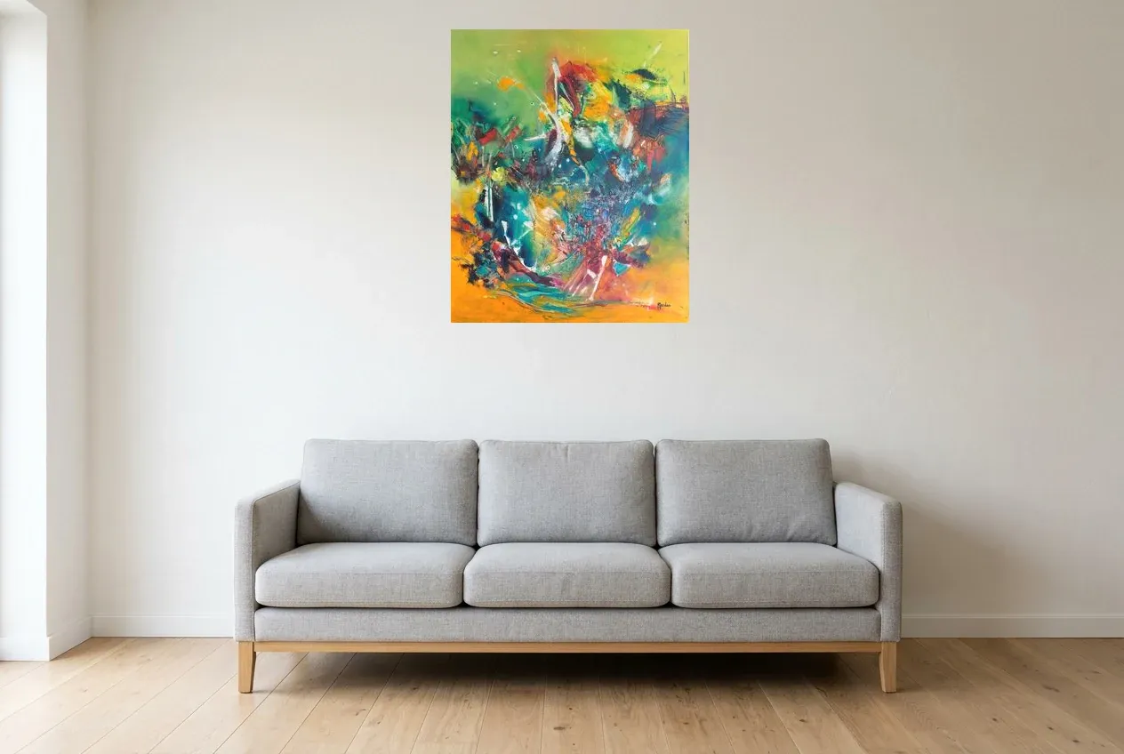 Multicoloured Abstract Painting 222 “Feu d’Artifice”, original oil painting by Régine Gardan, 65 × 80 cm, hung in a living room