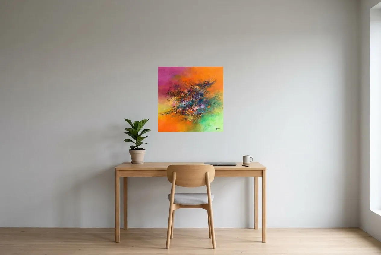 Multicoloured Abstract Painting 224 “Écosystème”, original oil painting by Régine Gardan, 60 × 60 cm, hung in a home office