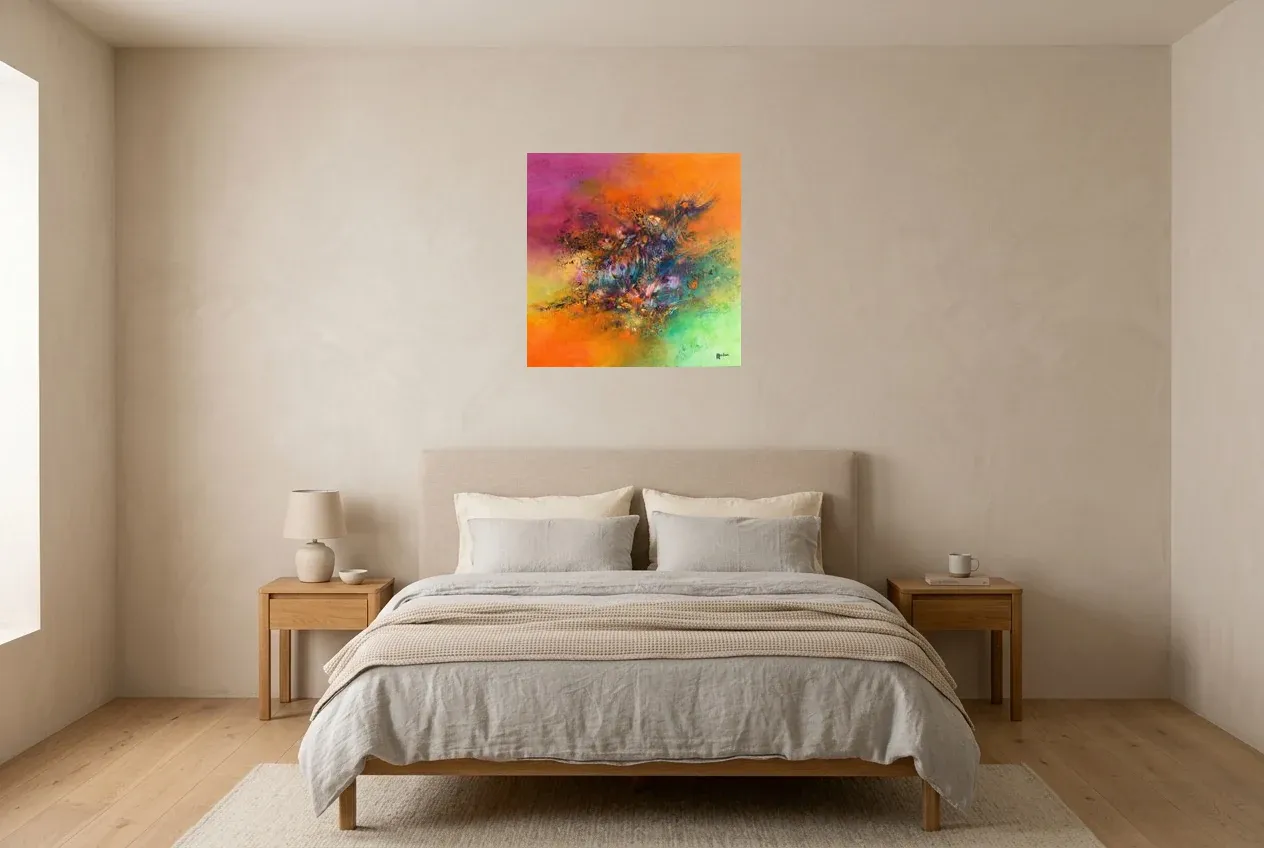 Multicoloured Abstract Painting 224 “Écosystème”, original oil painting by Régine Gardan, 60 × 60 cm, hung in a bedroom