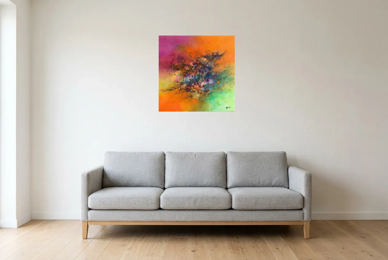 Multicoloured Abstract Painting 224 “Écosystème”, original oil painting by Régine Gardan, 60 × 60 cm, hung in a living room