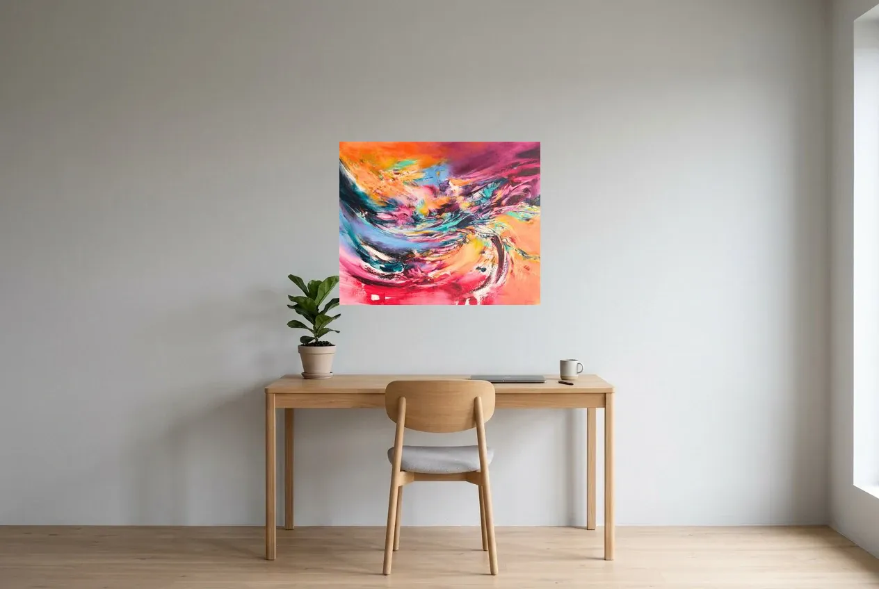 Multicoloured Abstract Painting 237 “Créativité”, original oil painting by Régine Gardan, 80 × 65 cm, hung in a home office
