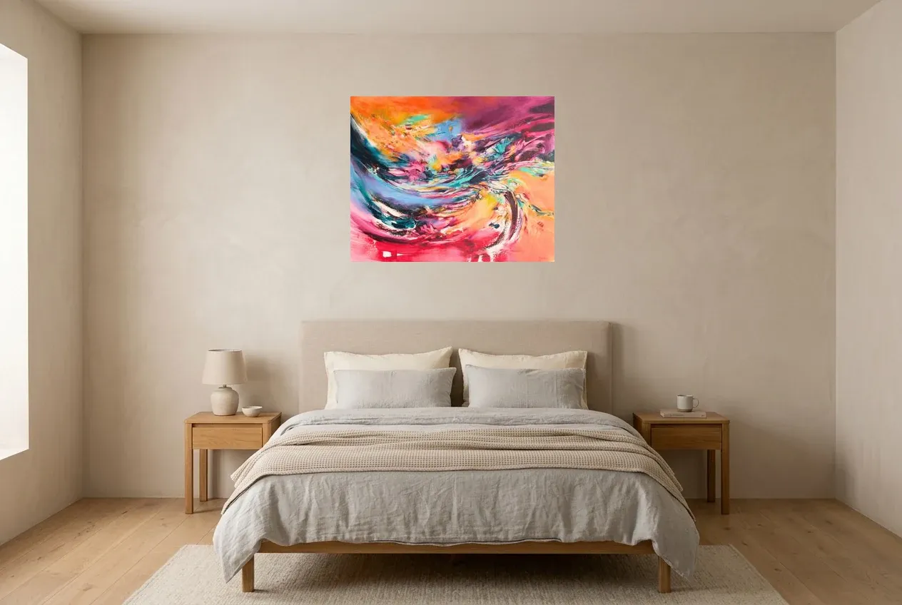 Multicoloured Abstract Painting 237 “Créativité”, original oil painting by Régine Gardan, 80 × 65 cm, hung in a bedroom
