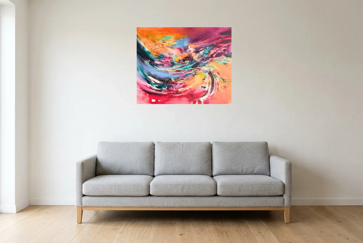 Multicoloured Abstract Painting 237 “Créativité”, original oil painting by Régine Gardan, 80 × 65 cm, hung in a living room