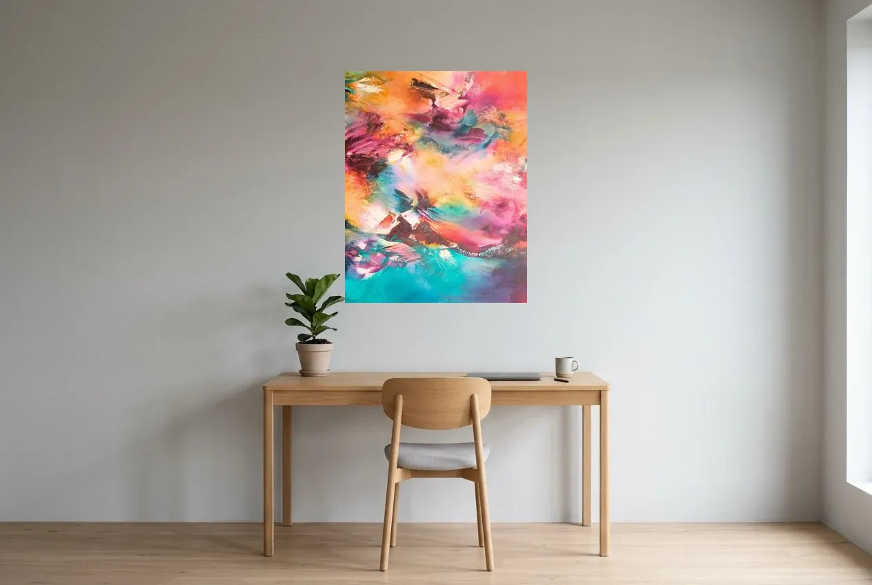 Cuadro Abstracto Multicolor 239 “Idylle”, pintura original al óleo de Régine Gardan, 73 × 93 cm, colgado en un despacho