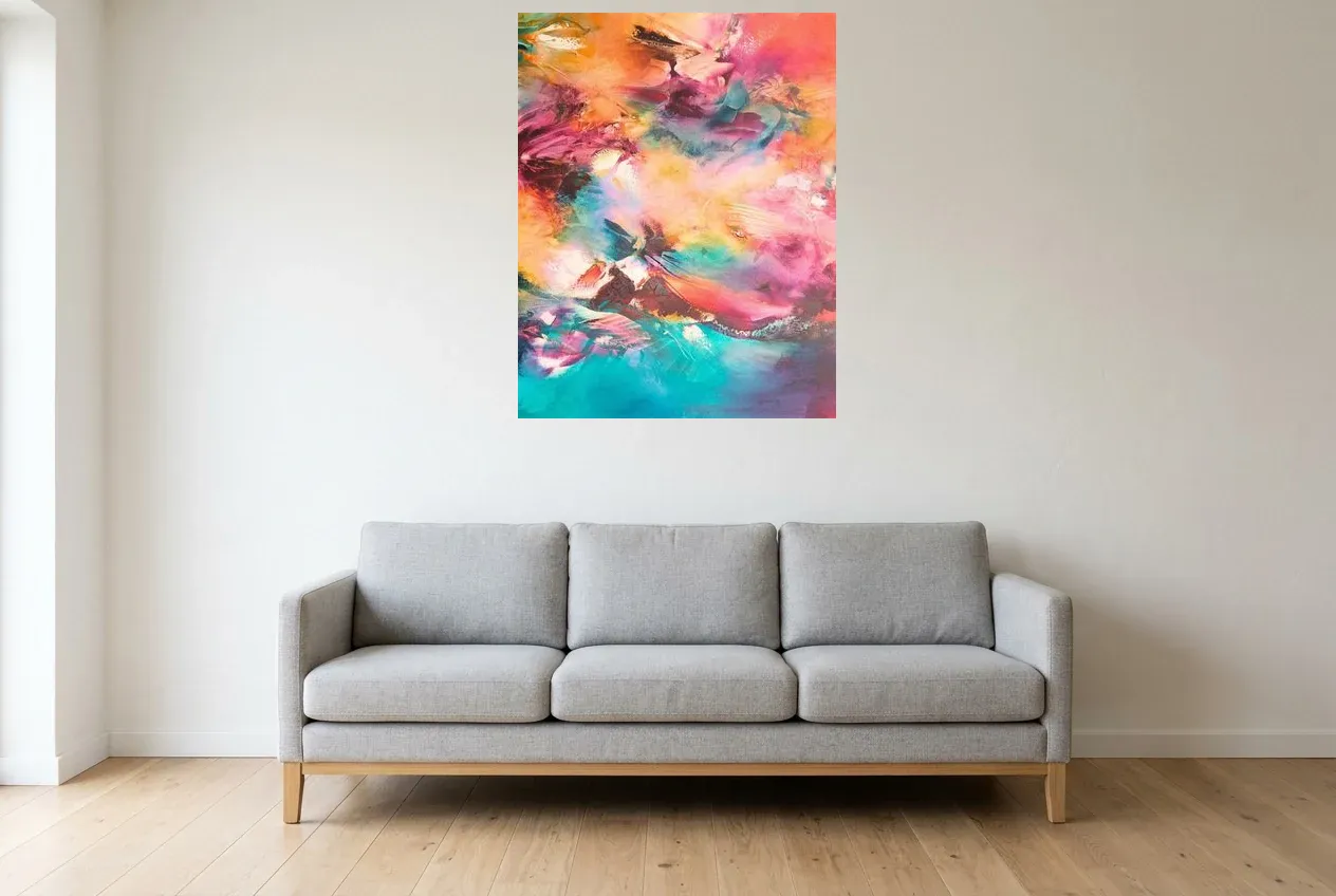 Cuadro Abstracto Multicolor 239 “Idylle”, pintura original al óleo de Régine Gardan, 73 × 93 cm, colgado en un salón