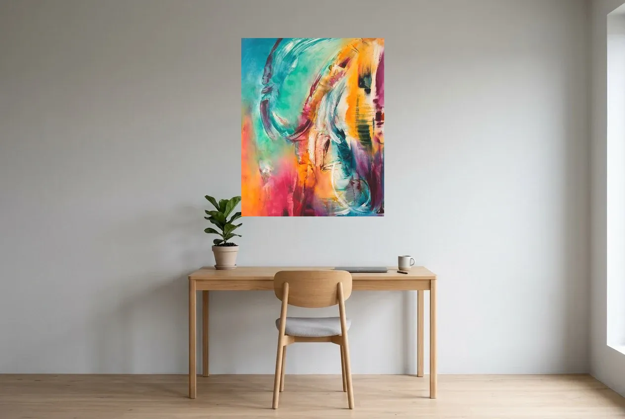 Arte Abstracto Multicolor 74 “Rêve Idyllique”, pintura original al óleo de Régine Gardan, 80 × 100 cm, colgado en un despacho