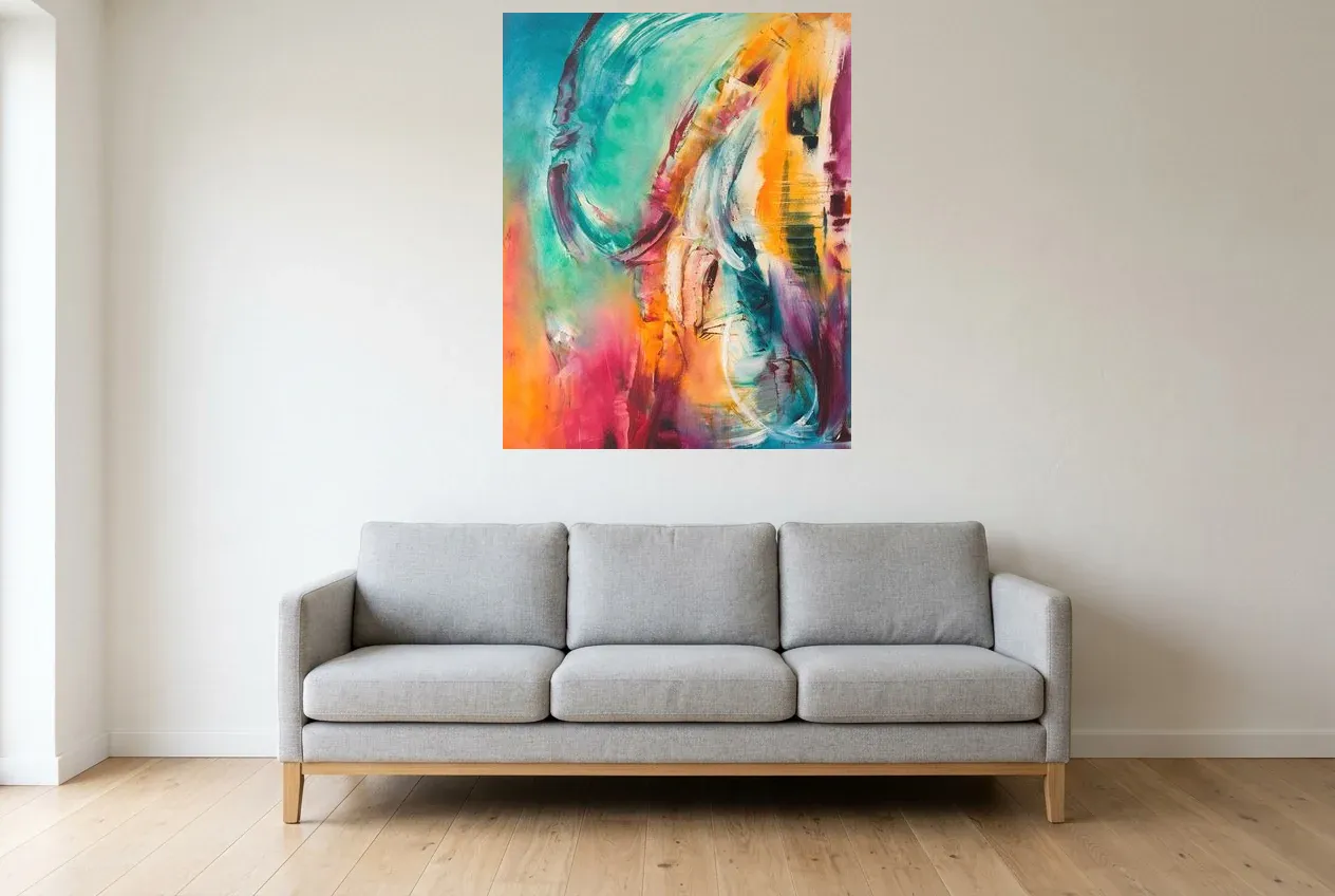 Arte Abstracto Multicolor 74 “Rêve Idyllique”, pintura original al óleo de Régine Gardan, 80 × 100 cm, colgado en un salón