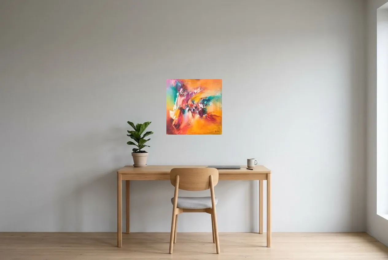Pintura Abstracta Multicolor 98 “Phénix”, pintura original al óleo de Régine Gardan, 50 × 50 cm, colgado en un despacho