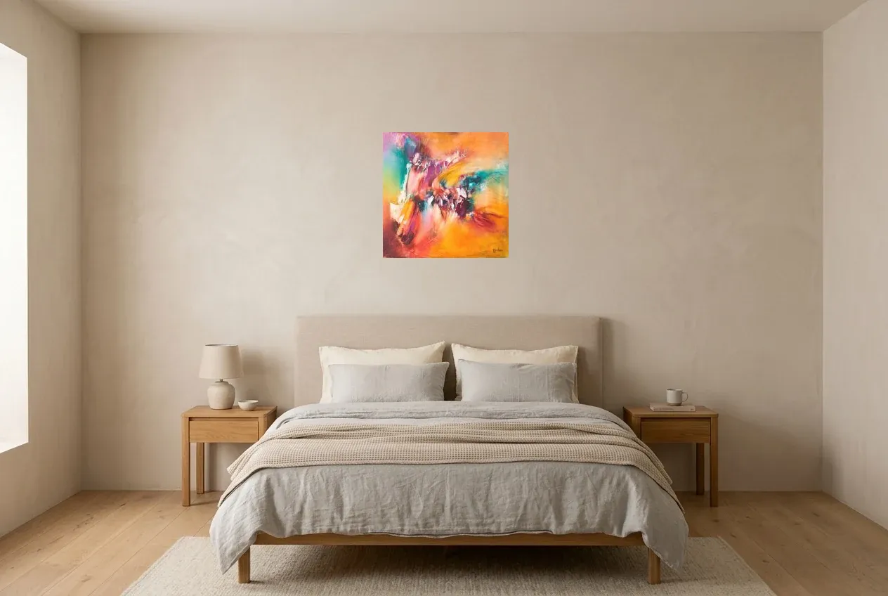 Pintura Abstracta Multicolor 98 “Phénix”, pintura original al óleo de Régine Gardan, 50 × 50 cm, colgado en un dormitorio