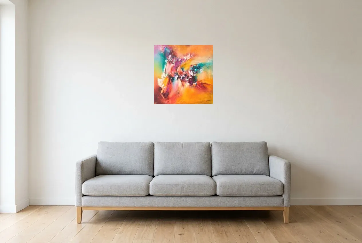 Pintura Abstracta Multicolor 98 “Phénix”, pintura original al óleo de Régine Gardan, 50 × 50 cm, colgado en un salón
