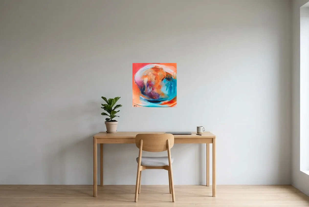 Cuadro Abstracto Multicolor 108 “Poisson Clown”, pintura original al óleo de Régine Gardan, 50 × 50 cm, colgado en un despacho
