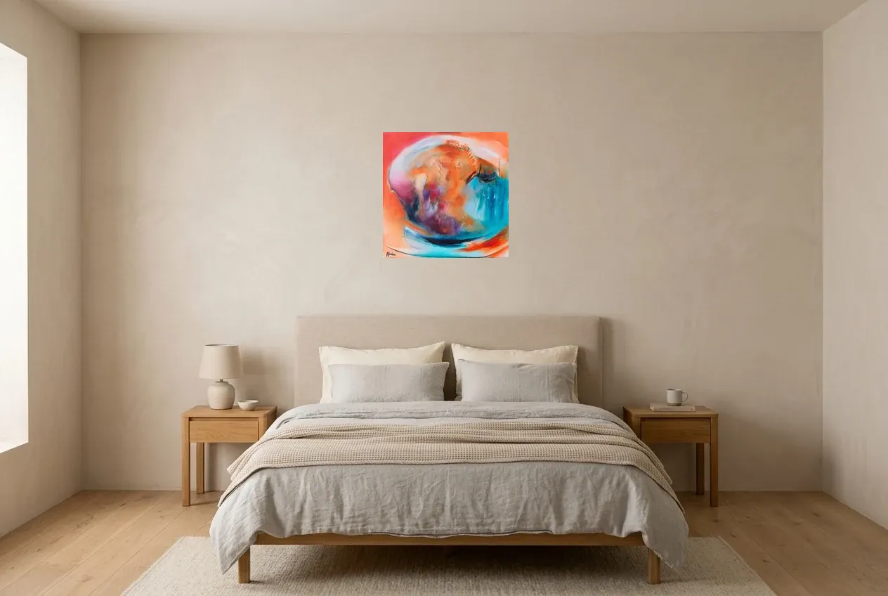 Cuadro Abstracto Multicolor 108 “Poisson Clown”, pintura original al óleo de Régine Gardan, 50 × 50 cm, colgado en un dormitorio