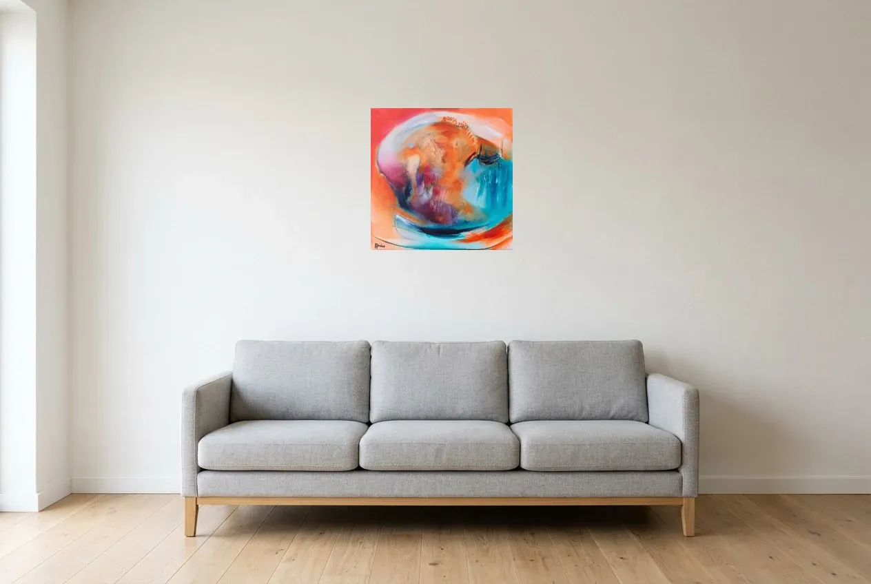 Cuadro Abstracto Multicolor 108 “Poisson Clown”, pintura original al óleo de Régine Gardan, 50 × 50 cm, colgado en un salón