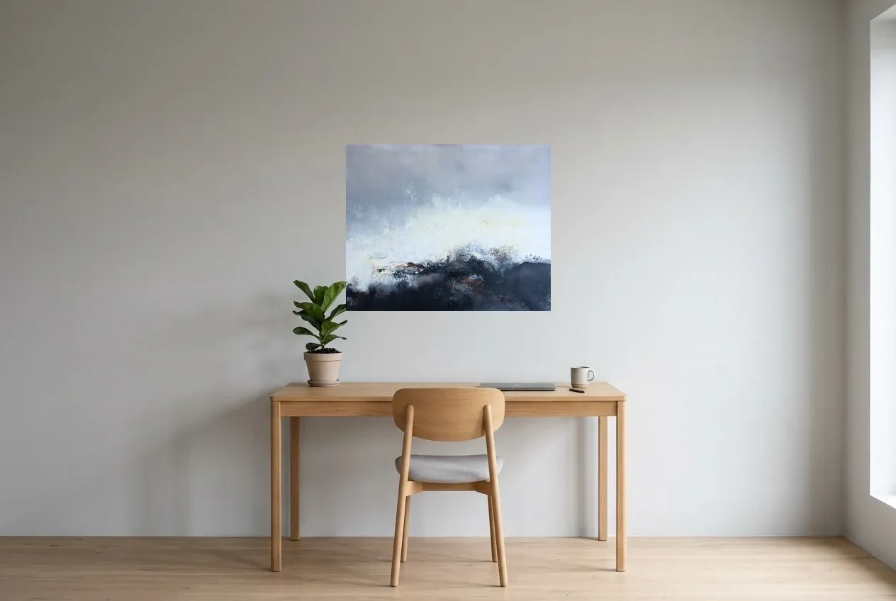 Black Abstract Painting 137 “Himalaya”, original oil painting by Régine Gardan, 80 × 65 cm, hung in a home office