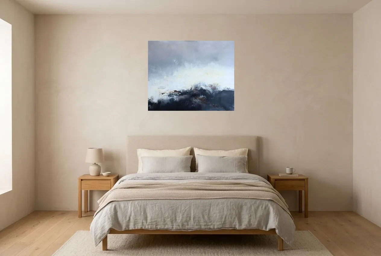 Black Abstract Painting 137 “Himalaya”, original oil painting by Régine Gardan, 80 × 65 cm, hung in a bedroom