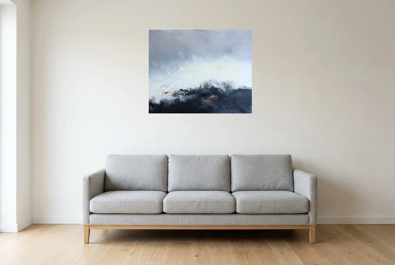 Black Abstract Painting 137 “Himalaya”, original oil painting by Régine Gardan, 80 × 65 cm, hung in a living room