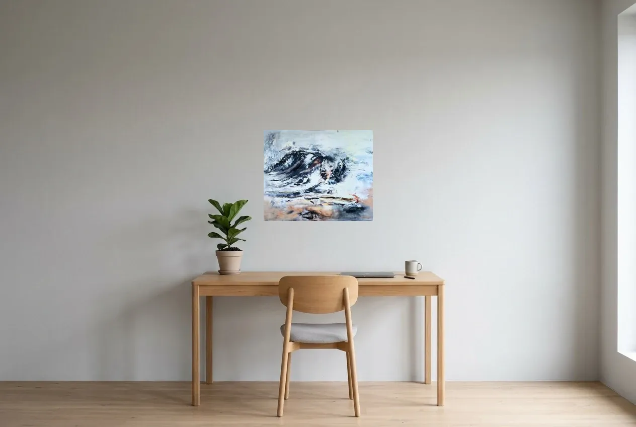 Black Abstract Painting 141 “Antarctique”, original oil painting by Régine Gardan, 60 × 50 cm, hung in a home office