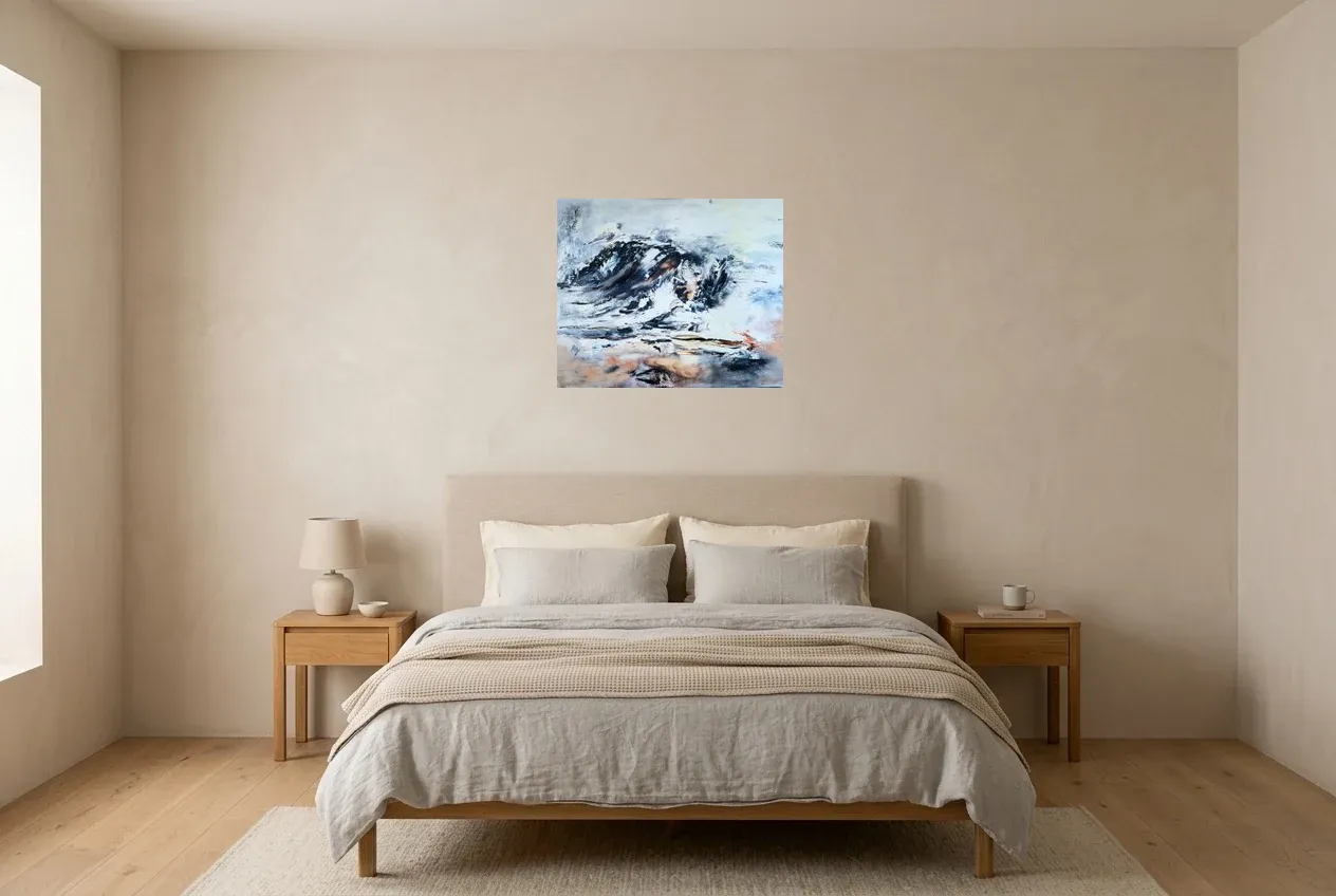 Black Abstract Painting 141 “Antarctique”, original oil painting by Régine Gardan, 60 × 50 cm, hung in a bedroom