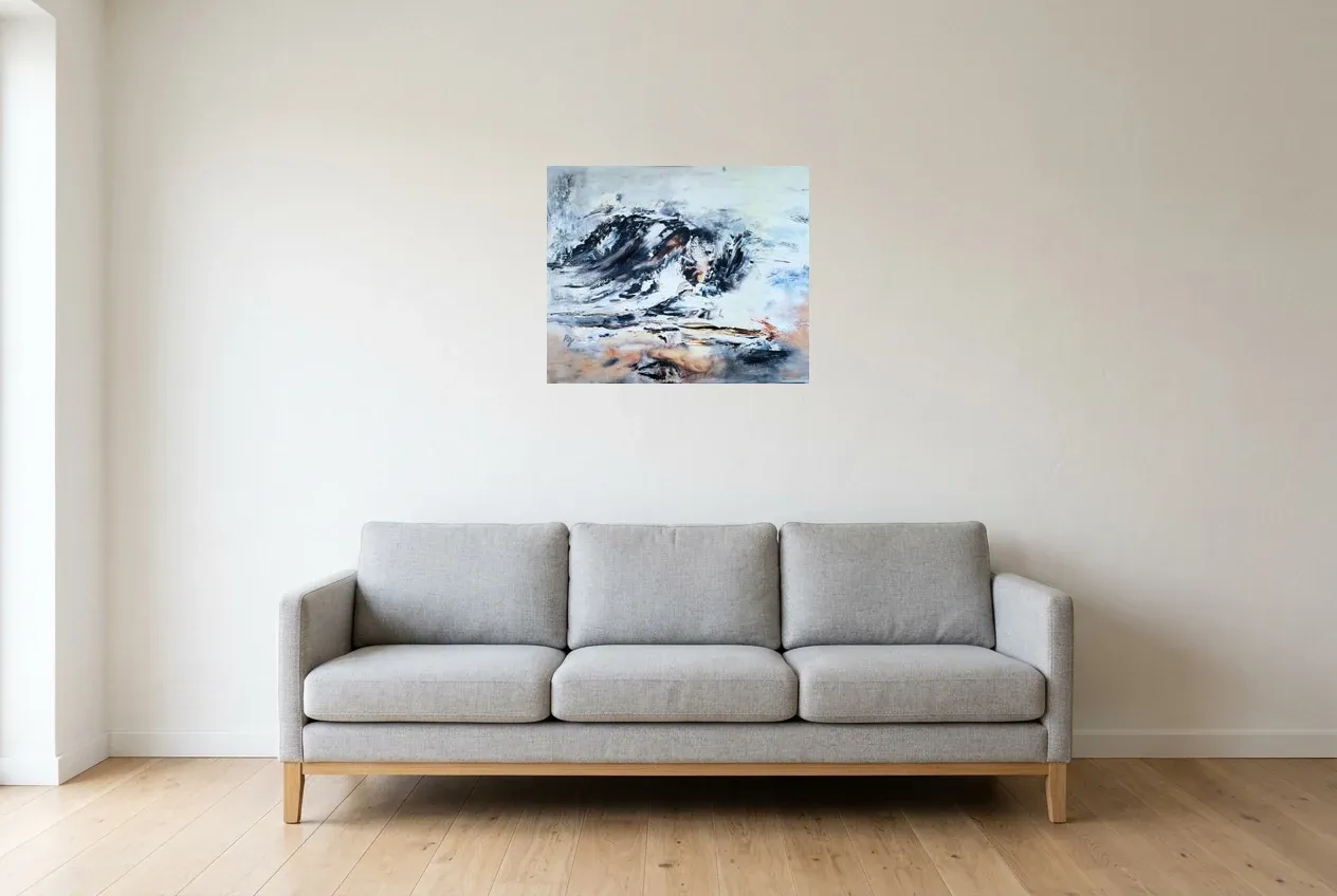 Black Abstract Painting 141 “Antarctique”, original oil painting by Régine Gardan, 60 × 50 cm, hung in a living room