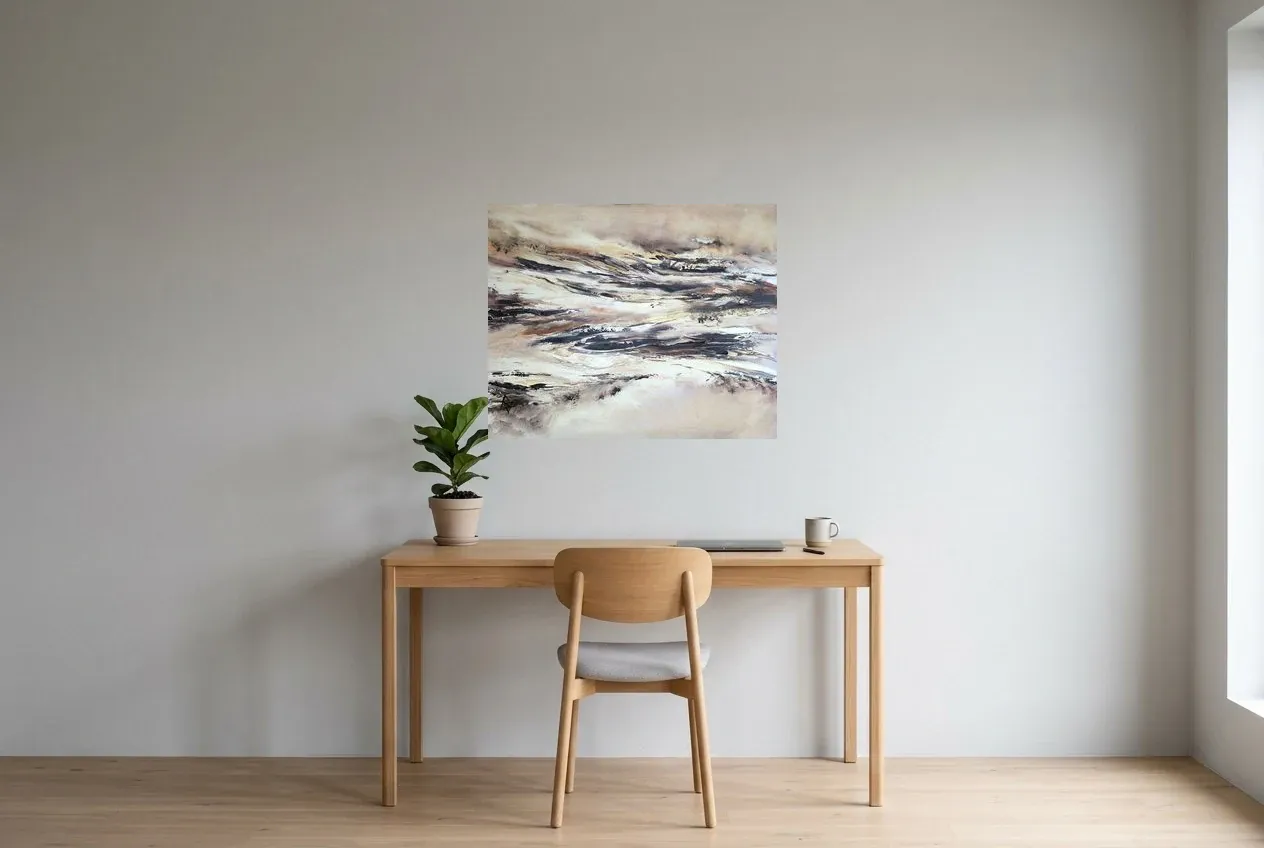 Black Abstract Painting 148 “Désert Rocheux”, original oil painting by Régine Gardan, 80 × 65 cm, hung in a home office
