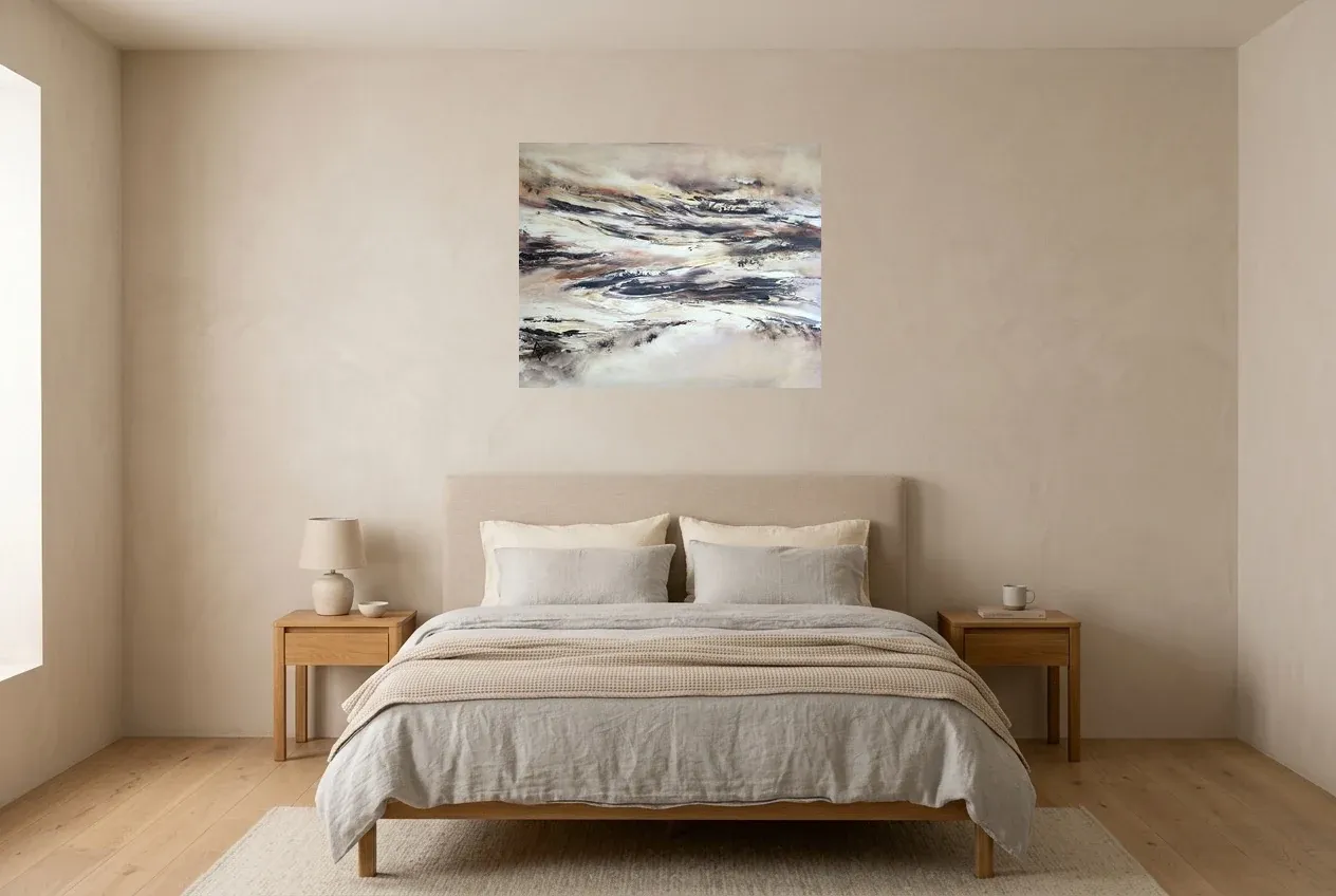 Black Abstract Painting 148 “Désert Rocheux”, original oil painting by Régine Gardan, 80 × 65 cm, hung in a bedroom
