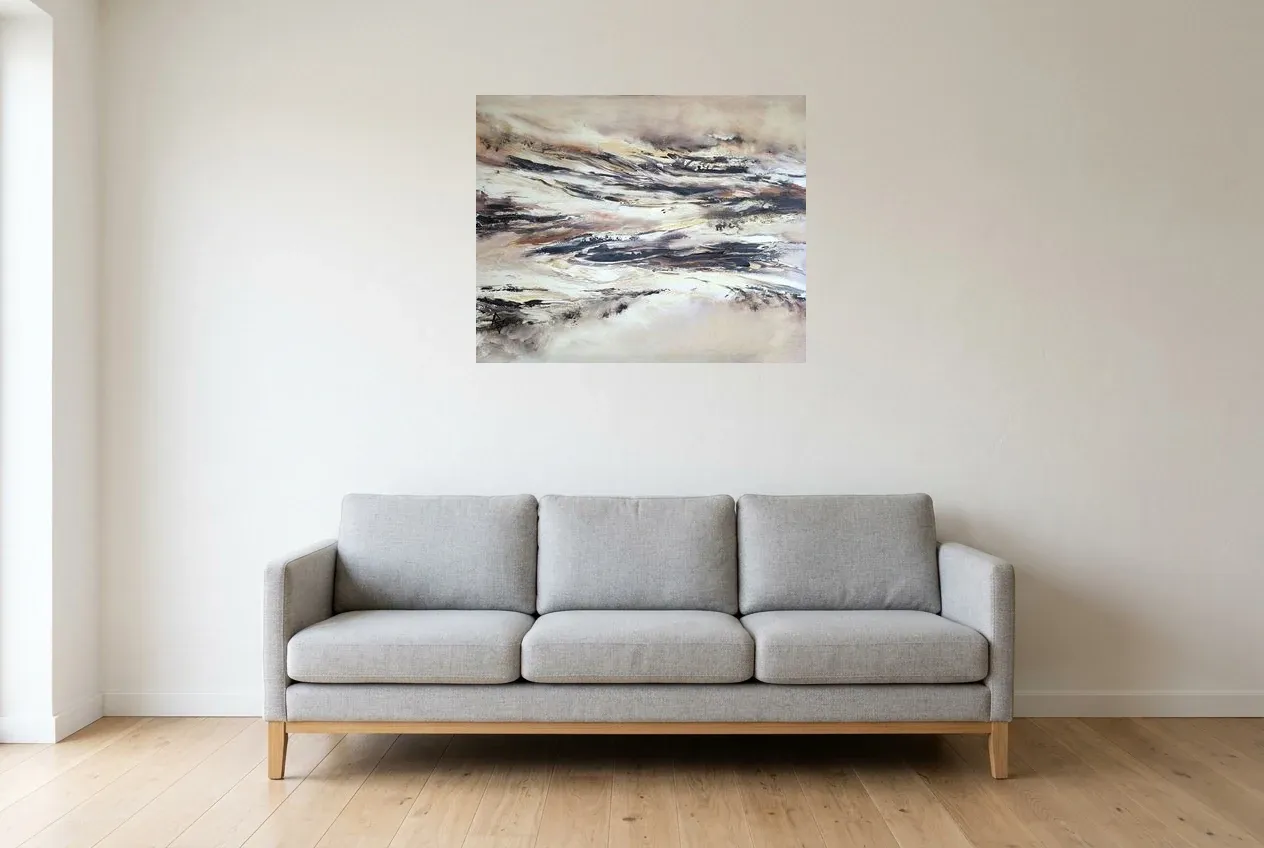 Black Abstract Painting 148 “Désert Rocheux”, original oil painting by Régine Gardan, 80 × 65 cm, hung in a living room