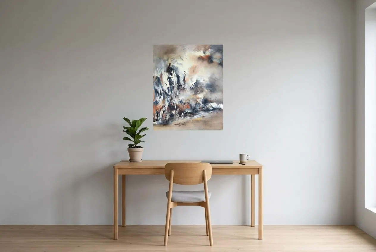 Cuadro Abstracto Negro 149 “Château”, pintura original al óleo de Régine Gardan, 65 × 80 cm, colgado en un despacho