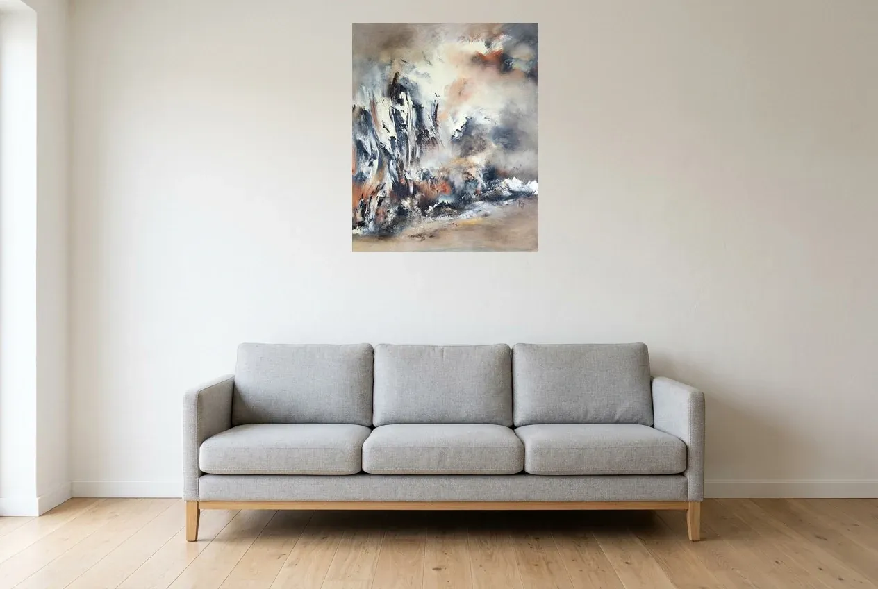 Cuadro Abstracto Negro 149 “Château”, pintura original al óleo de Régine Gardan, 65 × 80 cm, colgado en un salón