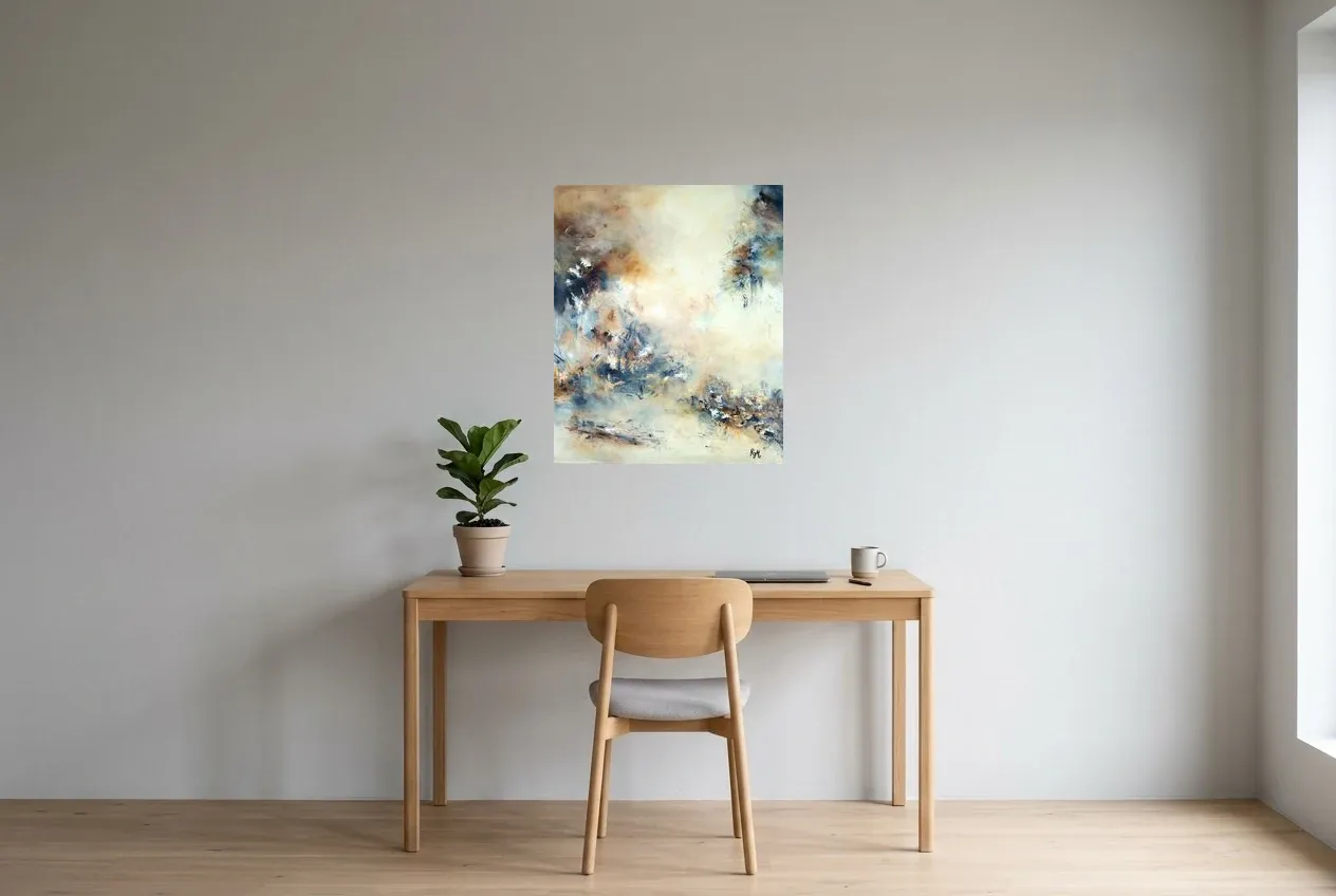 Black Abstract Painting 150 “Crystal”, original oil painting by Régine Gardan, 60 × 73 cm, hung in a home office