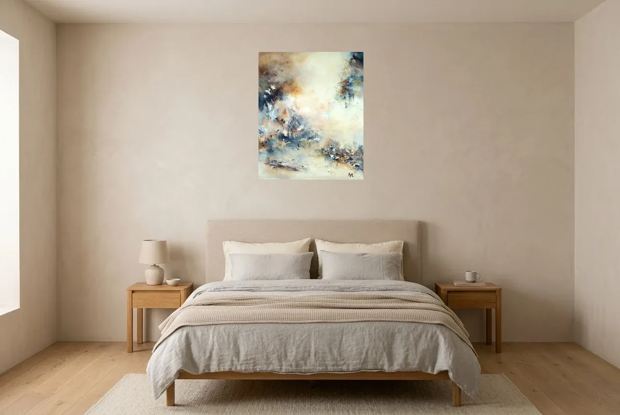 Black Abstract Painting 150 “Crystal”, original oil painting by Régine Gardan, 60 × 73 cm, hung in a bedroom